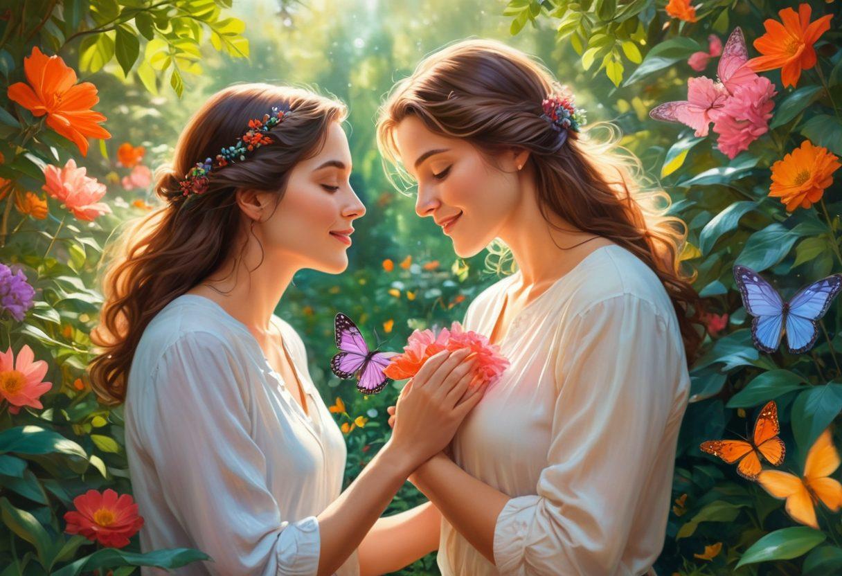 A warm, inviting scene depicting two people sharing an intimate moment in a lush garden filled with colorful flowers, embodying love and affection. Soft sunlight filters through the leaves, casting a gentle glow on their faces as they engage in a heartfelt conversation. Surround them with symbols of intimacy like intertwined hands and fluttering butterflies, illustrating the beauty of heartfelt connections. painterly style. vibrant colors. soft focus.