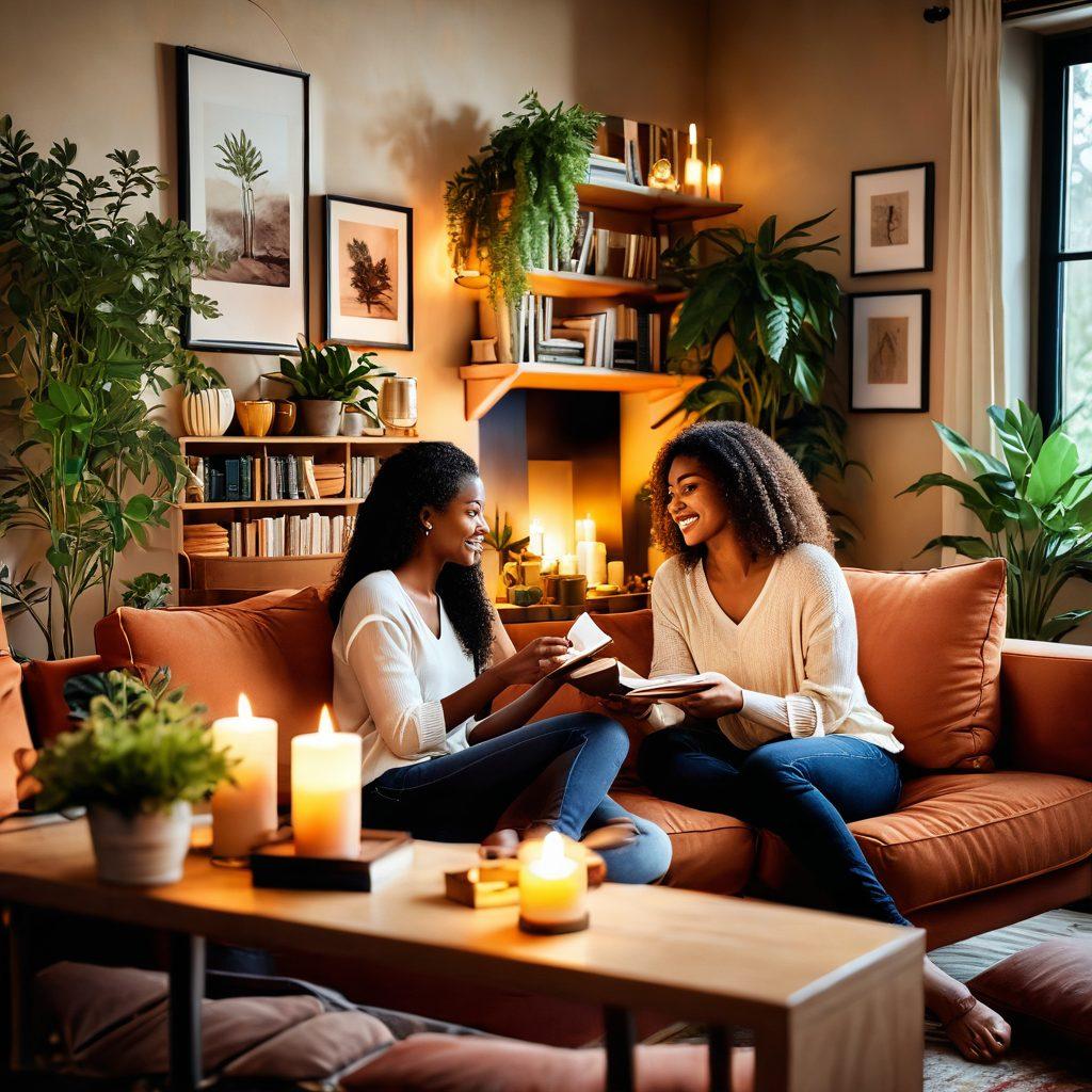 A vibrant scene depicting a diverse couple exchanging heartfelt gestures in a cozy, beautifully decorated living room filled with plants and soft lighting. Incorporate elements like books, candles, and framed photos that symbolize shared memories. Include warm tones to evoke intimacy and connection, while capturing their joyful expressions as they interact. super-realistic. warm colors. cozy atmosphere.