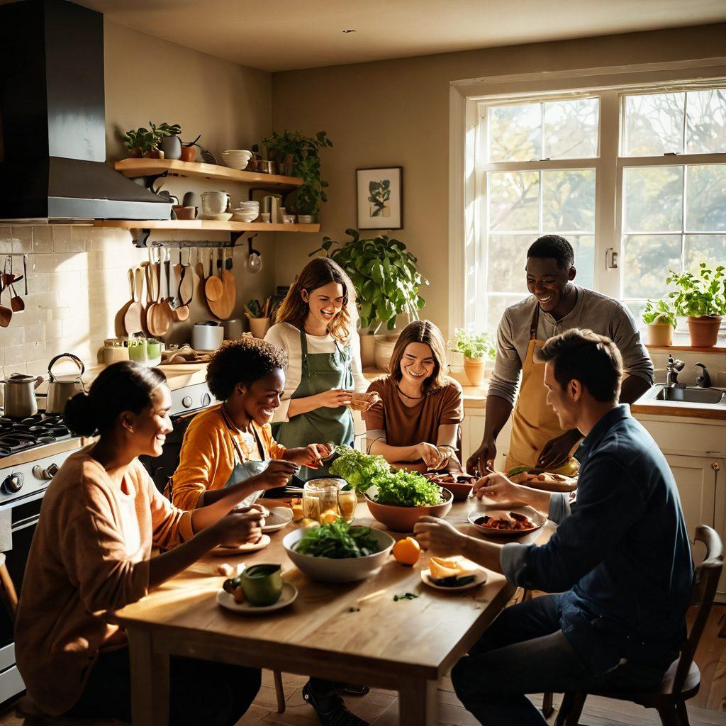 A warm, inviting scene featuring diverse groups of people engaged in various shared activities, such as cooking together, laughing around a table, and sharing stories in a cozy living room. Soft lighting creates a nurturing atmosphere, with personal mementos in the background symbolizing cherished relationships. Elements of nature, like plants and sunlight streaming in, enhance the feeling of a strong bond. super-realistic. vibrant colors. warm tones.